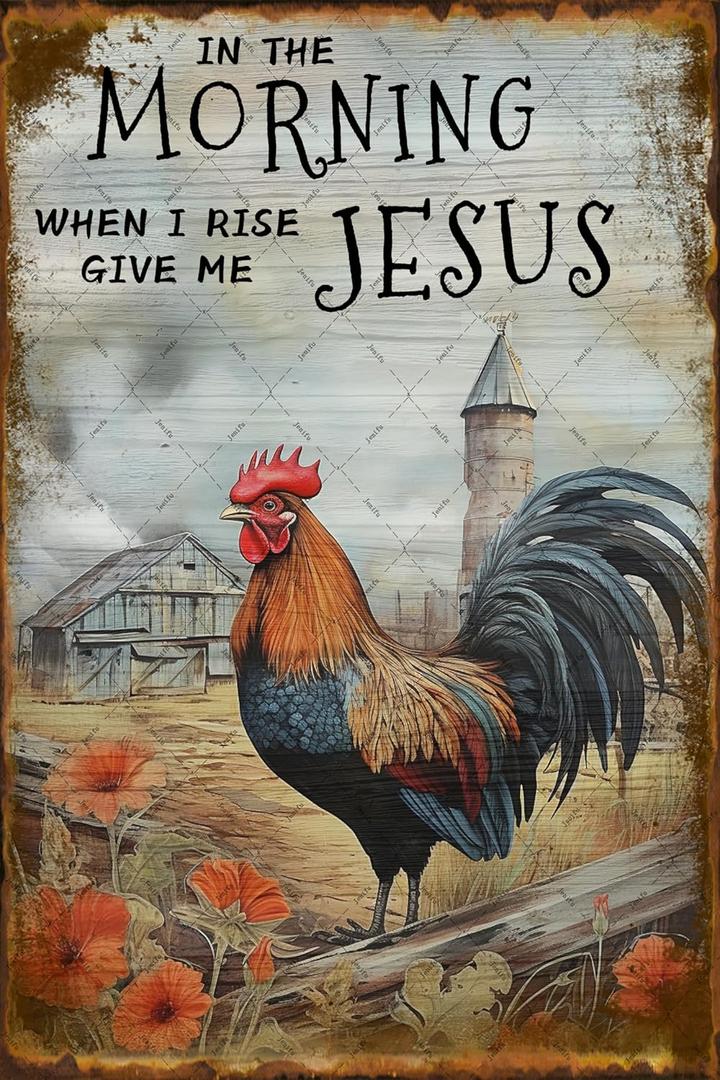 Rooster Decor Crowing Farm Fence Wall Plaque Jenifu In The Morning When I Rise Give Me Vintage Metal Tin Sign For Kitchen Home Garden Farmhouse Yard Farm Decorative Home Decor Signs Funny Wall Decor 8x12 Inch