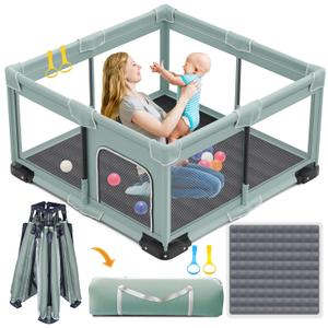 ICAREWAY Foldable Playpen for Babies and Toddlers, 50x50 Inches Portable Playpen, Kids Collapsible Play Pen with 2 Handlers, Indoor & Outdoor Baby Fence Play Area with Visible Mesh, Light Green