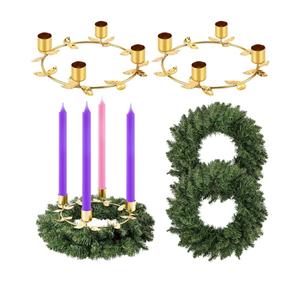 Acellegic 2 Pcs Christmas Advent Wreath Candle Holder Norfolk Pine Needle Wreath with 2 Gold Ring Candle Holder for Table Centerpiece Decoration Church Home Winter Holidays