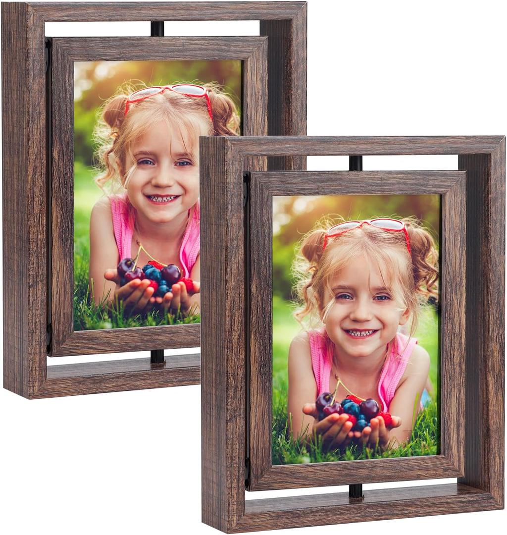 EXYGLO 2 Pack 5x7 Picture Frames Rotating Floating Photo Frame Wooden 2 Sided Frames for Vertical or Horizontal Tabletop Display