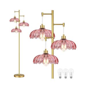 Pink Floor Lamp for Living Room,Bedroom,Gold Mid Century Modern Standing Lamp Brass Tree 3 Light Tall Floor Lamps Vintage Retro Floor Lights Glass Flower Lamp Shade Farmhouse Boho Bohemian