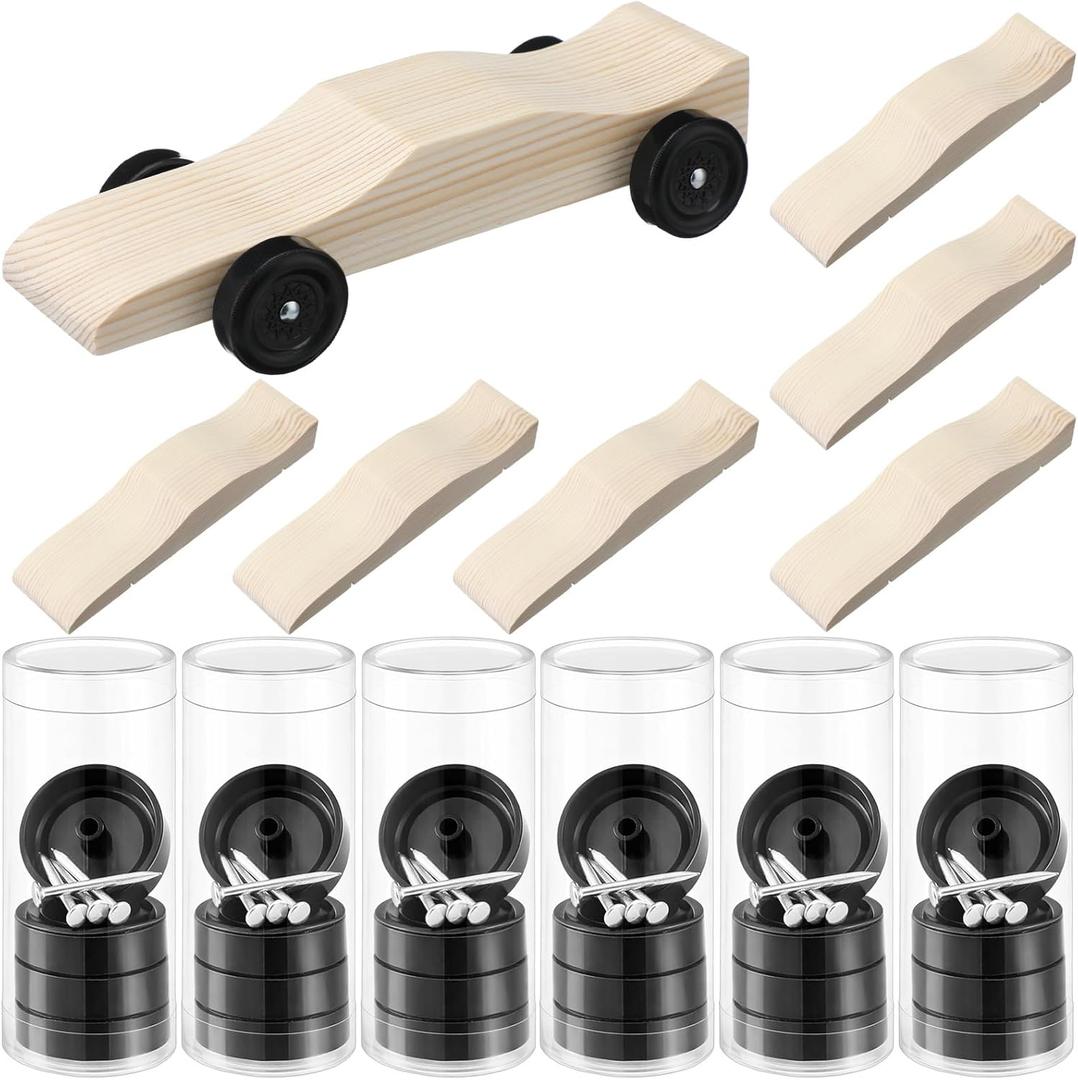 6 Sets Derby Car Kits Bulk Pre-Cut Derby Muscle Car Body with Pre-drilled Axle Holes for Easy Insertion, Wooden Cars Kits with Wheels and Axels for Beginners, Racer