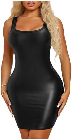 SweatyRocks Women's Sleeveless Bodycon Tank Dress PU Leather Mini Dresses, Size: S