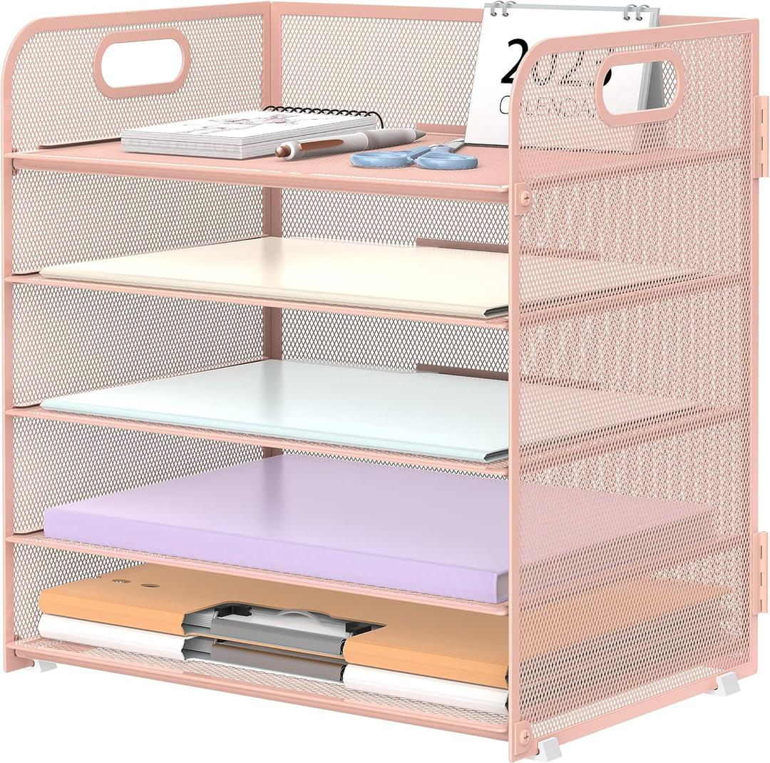Supeasy 5 Trays Paper Organizer Letter Tray with Handle-Mesh Desk File Organizer, Paper Sorter Desk Organizer for Office, Home or School (Pink)