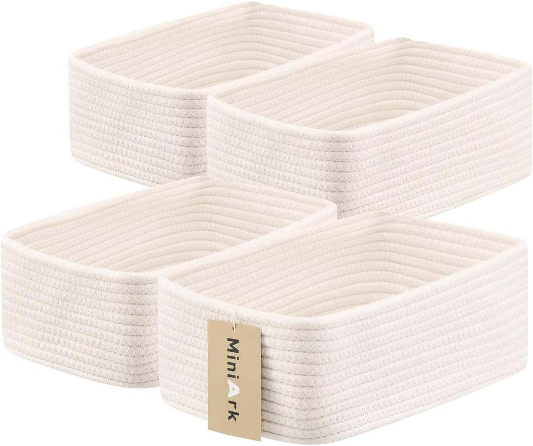 MiniArk Small Storage Baskets for Organizing | Closet Organizer Bins | Shelf Toy Basket | Woven Rope Baskets | Cube Decorative Box | Shallow Basket | 11.5x7.5x4.7 | 4 Packs Off White