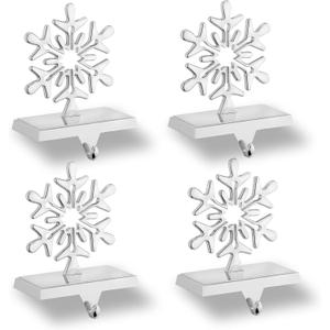 Minetom Snowflakes Christmas Stocking Hanger 4 Pack Metal Stocking Holder Stand 3D Sliver Sturdy Stocking Hook Christmas Ornaments for Tables Window Fireplace Mantle Home Decoration