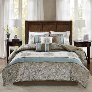 Madison Park Comforter Faux Silk-Traditional Luxurious Jacquard Design All Season Set, Matching Bed Skirt, Decorative Pillows, Queen(90"x90"), Blue 7 Piece (Caroline, Blue/Brown)