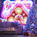 BlissYard Gingerbread House Christmas Blacklight Tapestry Neon Glow in the Dark Candy Tree Gift UV Reactive Holiday Wall Hanging for Bedroom Living Room Kids Party Decor 78x59 Inch