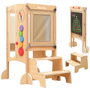 Toddler Tower Foldable Toddler Kitchen Stool Helper with 2 Step Stool, Safety Net, Adjustable Height, Chalk-Whiteboard& Montessori Activity Games