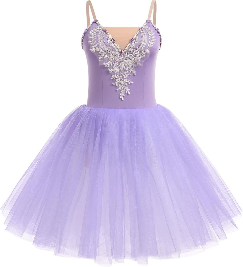 AFAVOM Ballet Leotards for Women Ballerina Performance Swan Lake Costumes Embroidery Tulle Camisole Skirted Leotard Dancewear (Purple, M)
