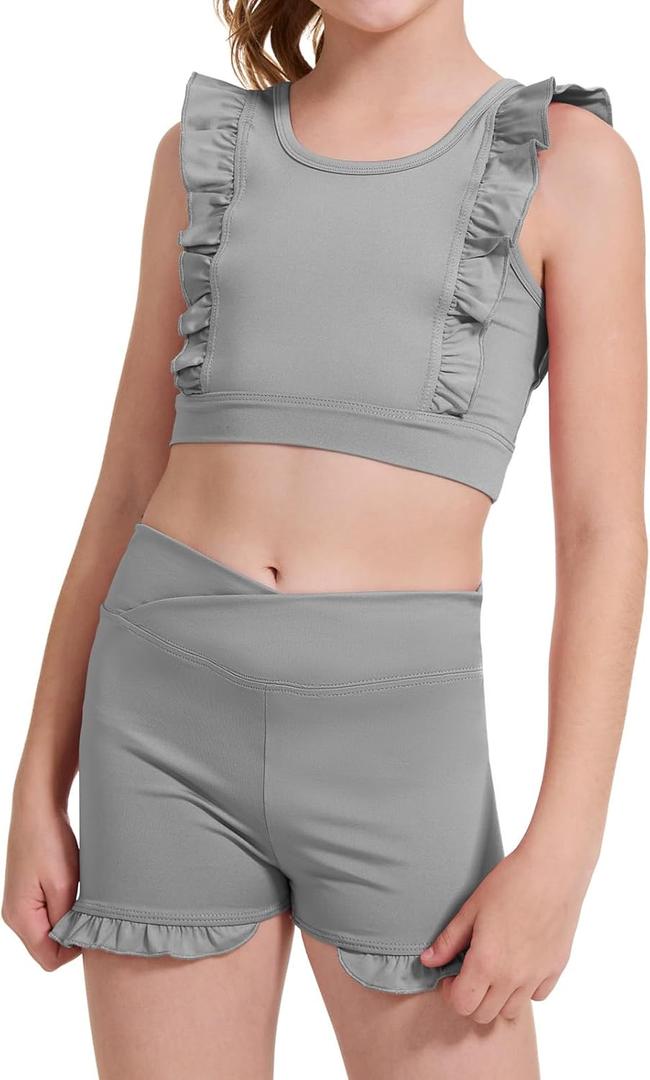 Girls 2 Piece Outfits Athletic Ruffle V Crossover High Waisted Dance Shorts with Training Bra Crop Tank 3-10Years (4-5T, Grey)