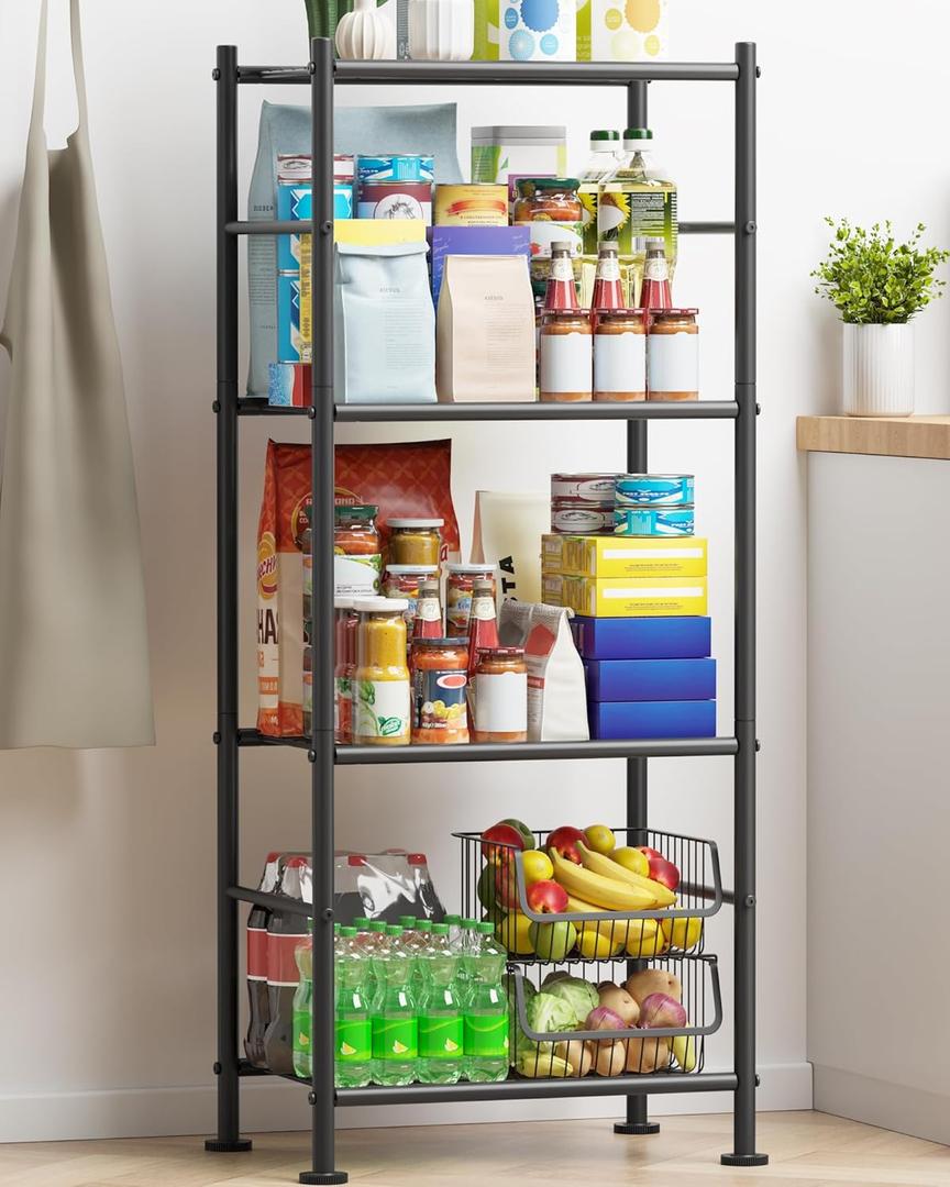 Storage Shelves - 4 Tier Shelf Organizer, Sturdy Metal Garage Shelving with Adjustable Leveling Feet, Space-Saving Shelves Organizer for Pantry, Laundry, Kitchen (18" x 12" x 44", Black) (18.0W x 12.0D x 44.0H (4T))