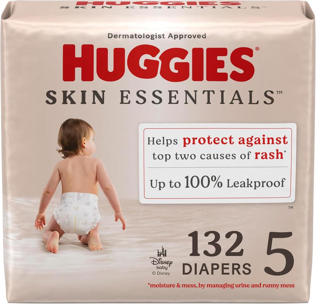 Huggies Size 5 Diapers, Skin Essentials Baby Diapers, Size 5 (27+ lbs), 132 Count (2 Packs of 66)