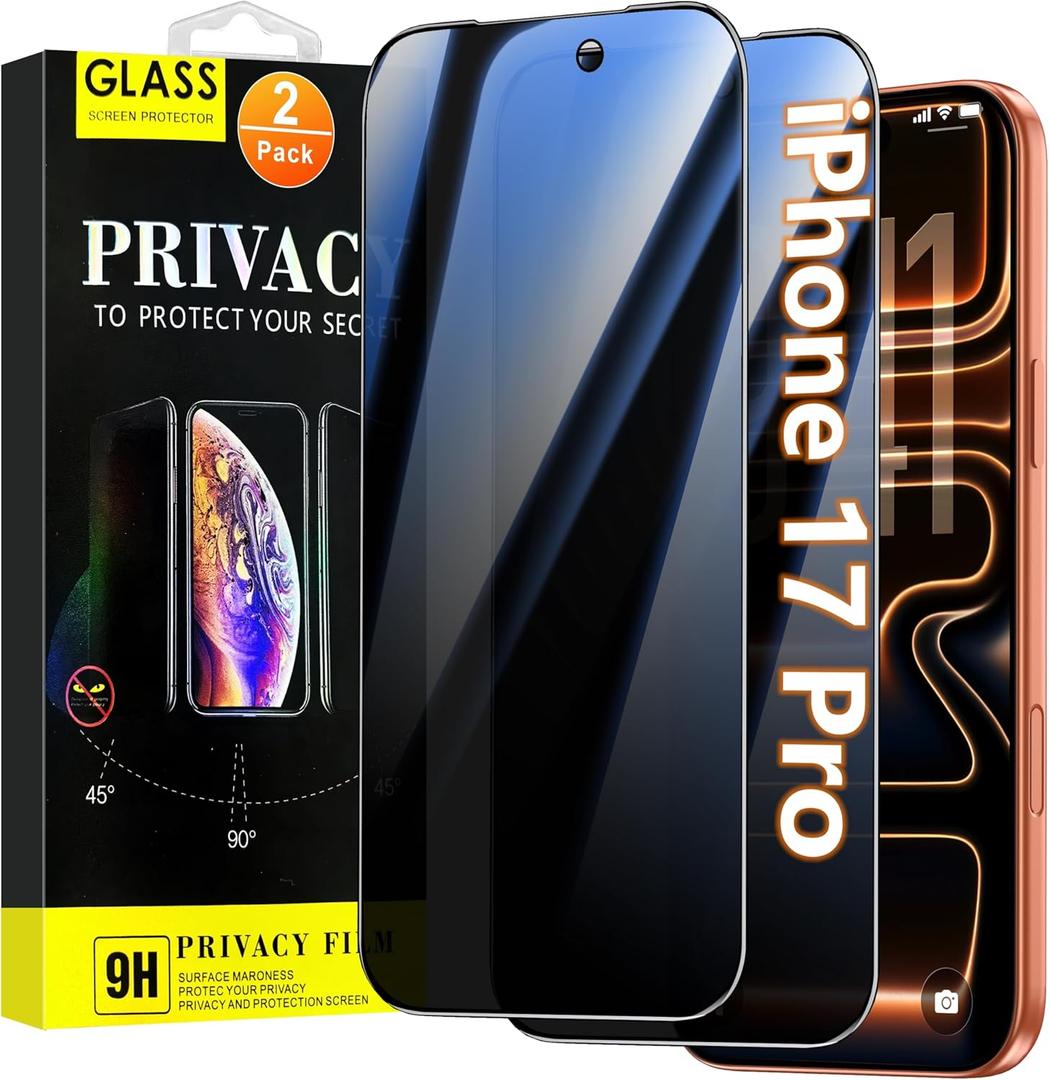 Oterkin 2 Pack Privacy Screen Protector for iPhone 17 Pro 6.3'' Tempered Glass Private Saver Anti-Spy Eye Protection Full Coverage Anti-Scratch Case Friendly