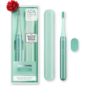 Aquasonic Icon ADA-Accepted Rechargeable Toothbrush | Magnetic Holder & Slim Travel Case | 2 Brushing Modes & Smart Timers | Gentle Micro-Vibrations (Mint) (1 Count (Pack of 1))