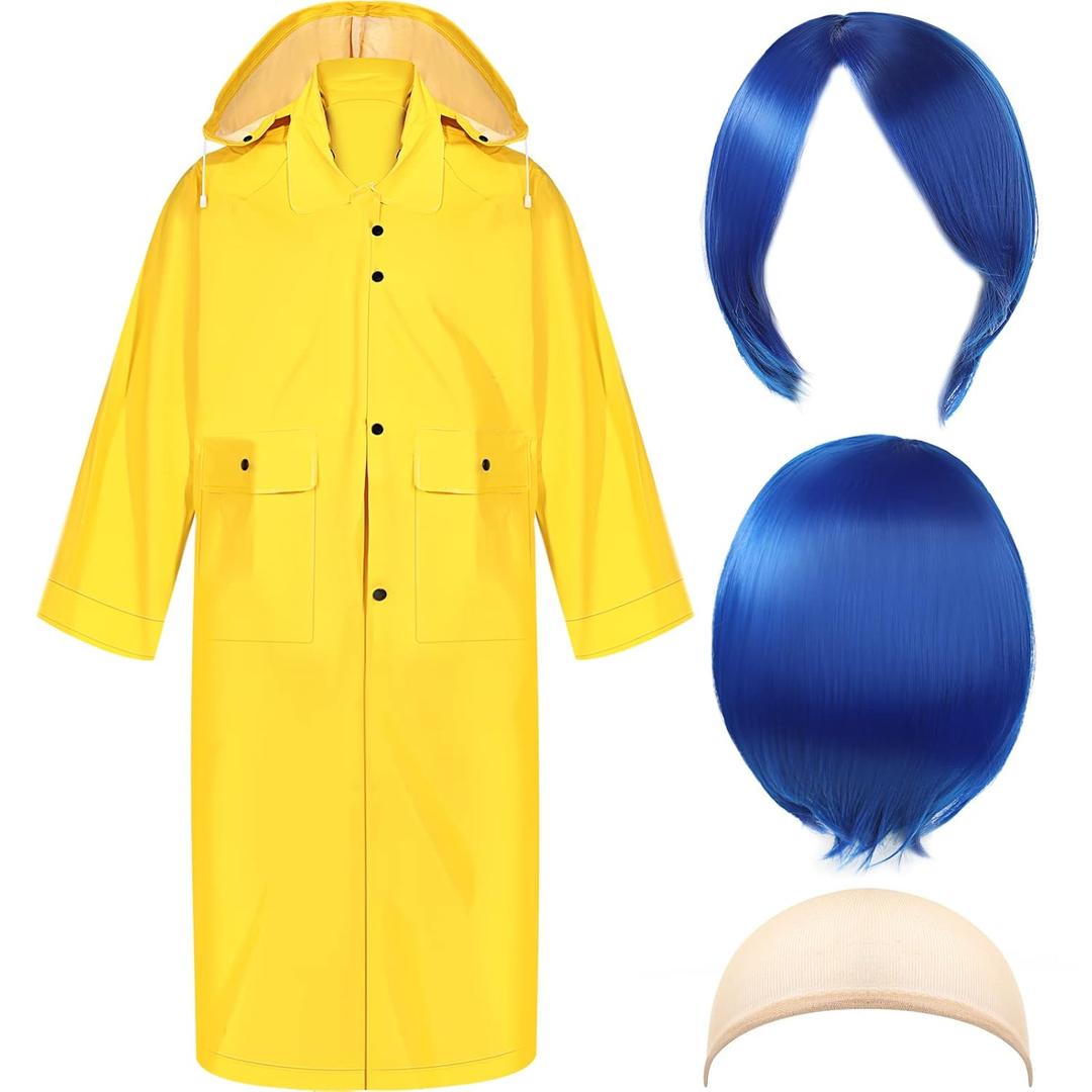 Xinnun 3 Pieces Halloween Yellow PVC Raincoat with Detachable Hood Blue Short Straight Wig Elastic Hair Net for Halloween (Medium)
