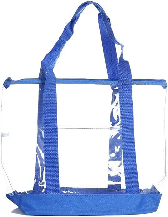 12 clear tote bags, blue logo, blue strap