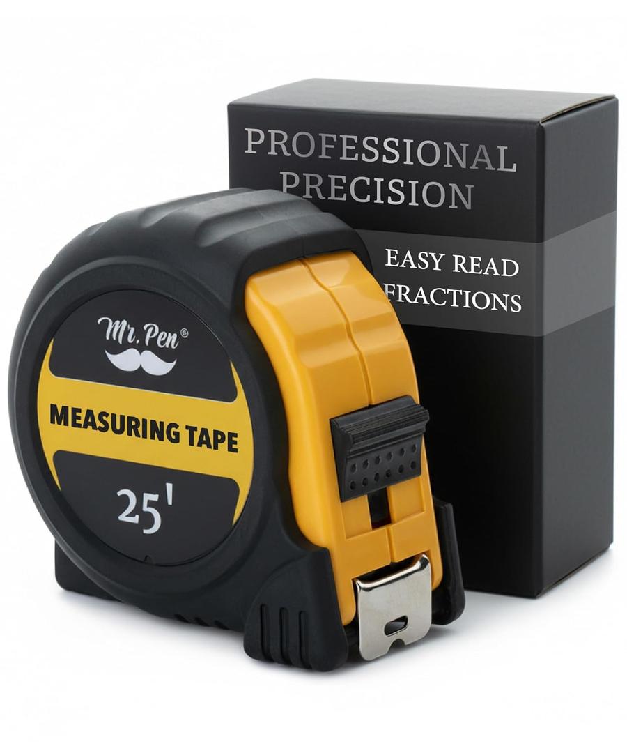 Mr. Pen- Retractable Tape Measure 25 ft, Yellow, Easy Read, Steel Retractable Measuring Tape with Fractions, Ideal for Construction & DIY Projects