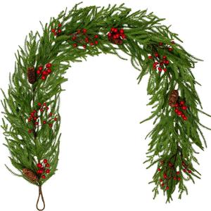 Hollyone 6FT Norfolk Pine Garland Real Touch Winter Pine Garland with Red Berry Christmas Garlands Artificial Greenery for Table Mantle Wall Indoor Outdoor Mantle Holiday Christmas Home Decor