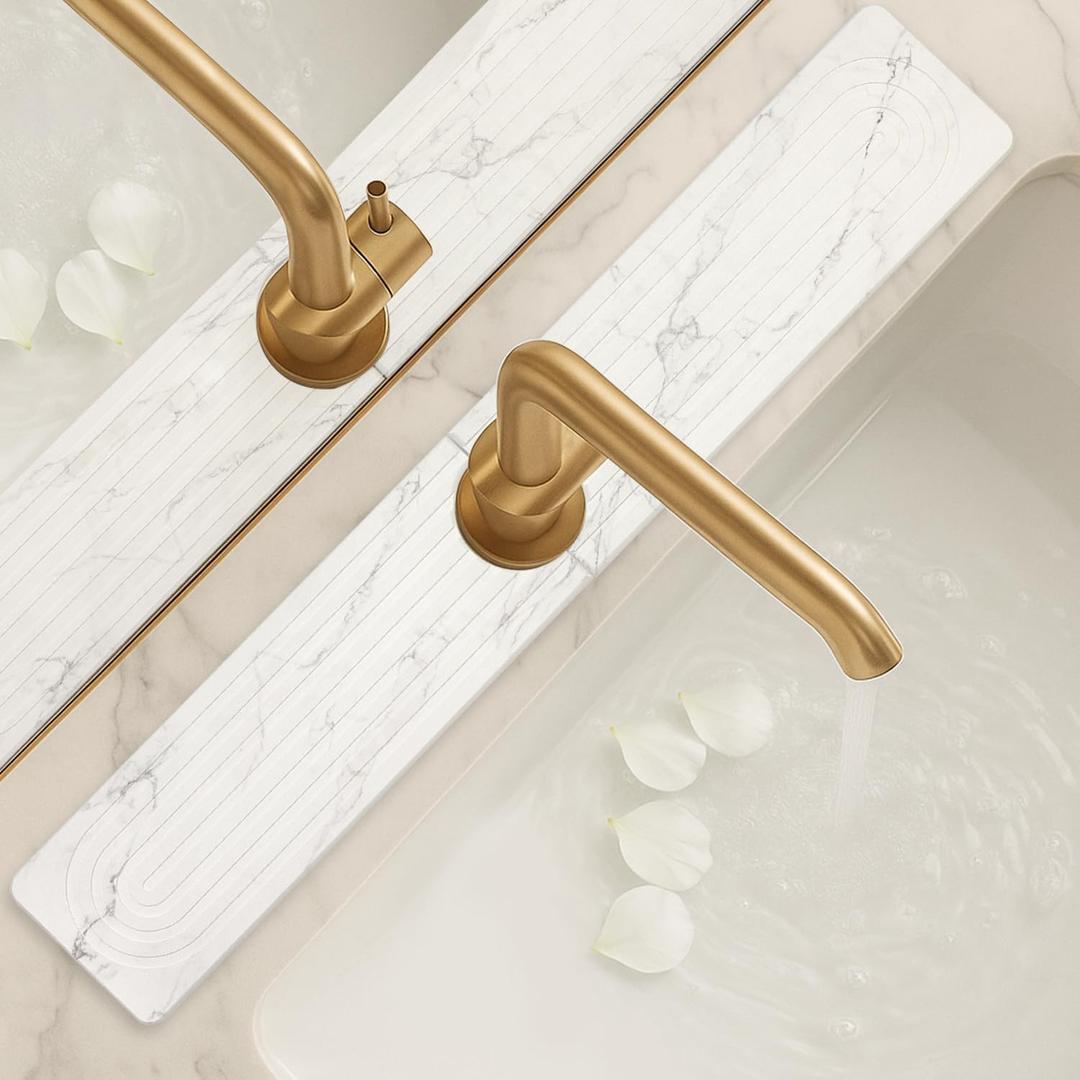Drying Stone Faucet Mat for Kitchen Sink Trays Diatomite Quick Dry Around Faucet Mats Absorbent Drying Mat for Kitchen Counter Water Absorbing Stone Tray for Bathroom Sink Protector Splash Guard (24" x 4", White Marble)