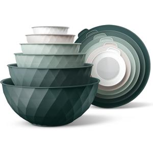COOK WITH COLOR Mixing Bowls with Lids - 12 Piece Plastic Nesting Bowls Set includes 6 Prep Bowls and 6 Lids, Microwave Safe Mixing Bowl Set, Green Diamond