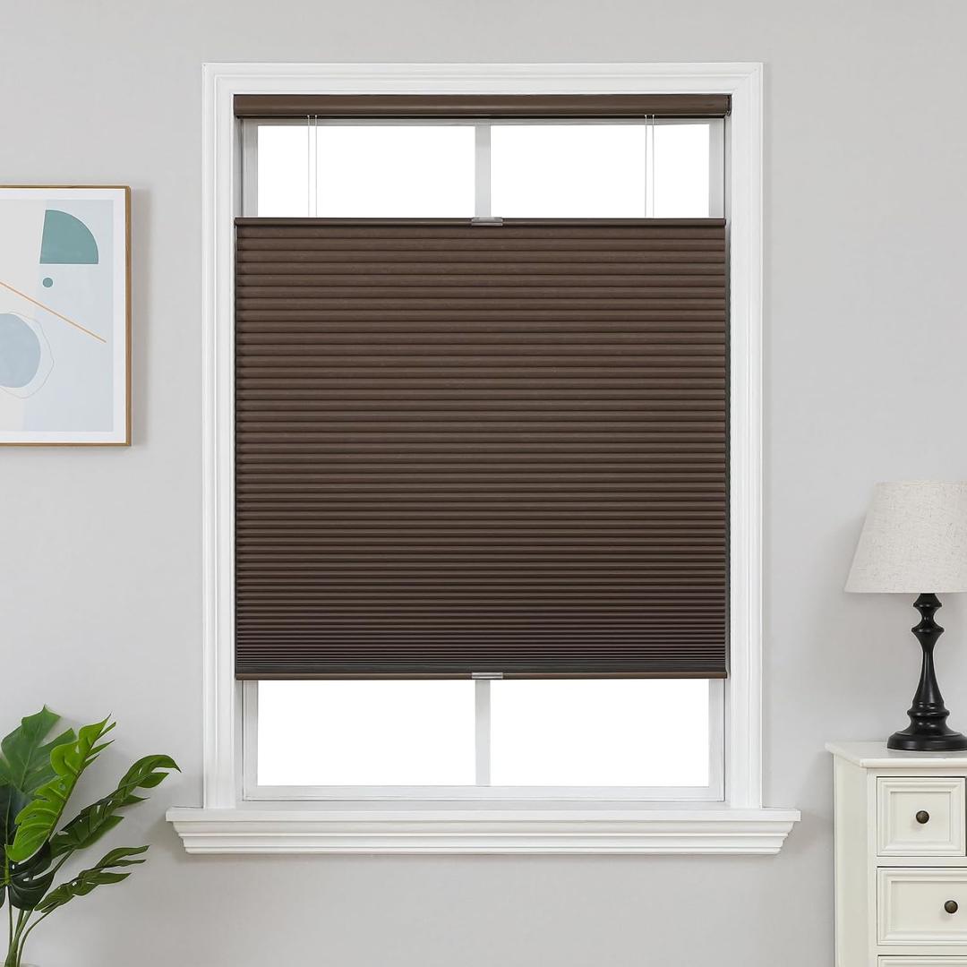 Joydeco Top Down Bottom Up Blackout Cellular Shades 2025 Version, 46 Inch Wide Dark Brown No Drill Blinds for Indoor Windows, 46"W x 64"H