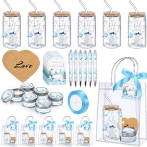 6 Sets Baby Shower Prizes for Game Players Blue Snowflake Baby Shower Winners Guest Gifts Candle Tumbler Coaster Pen Gift Bag Wedding Bridal Game Prizes Party Favors