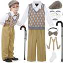 9 Pcs 100 Days of School Costume for Boys Old Man Costume for Kids Grandpa Dress Up Outfits Set (8-10Years, Khaki Plaid With Camel)