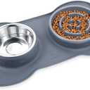 Pecute Slow Feeder Dog Bowls to Slow Down Eating, Dog Bowl Slow Feeder with No-Spill Non-Skid Silicone Mat, Food-Grade Safe Dog Food Bowls Slow Feeder, Stainless Steel Dog Water Bowl for Dogs Cats (Large-2 Cup/17 oz each, Grey)
