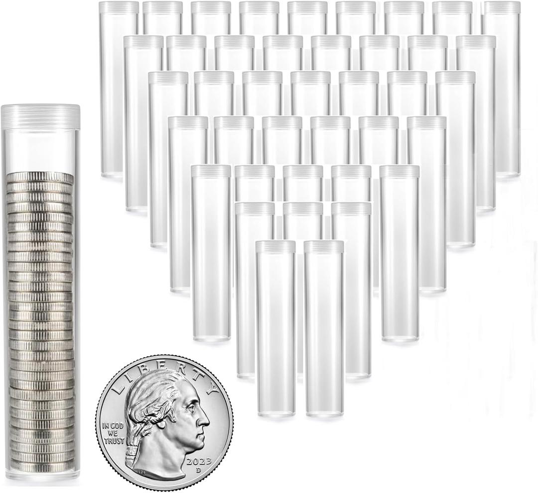 MUDOR 40 Pack Coin Storage Tube for Quarter, Plastic Coin Holders Tube with Screw-On Caps, Coin Collection Supplies, Long-Term Coin Storage(Quarter)