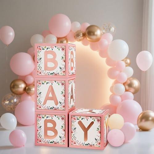 WEIKA Baby Shower Decorations, Pink Baby Boxes with Letters, 4pcs Floral Baby Shower Decorations for Boy Girl, Balloon Boxes for Gender Reveal Birthday Party Supplies (Pink)
