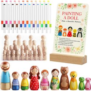 Fun Baby Shower Games Painting Kit, 50 PCS DIY Wooden Blank Dolls for Coloring, Baby Shower Activities with 24 Acrylic Marker Pens