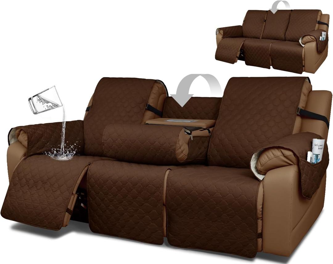 Waterproof Recliner Sofa Covers with Flipped Middle Backrest Washable Recliner Couch Covers Non-Slip with Elastic Straps Furniture Protector for Kid Dogs Pets (Brown)