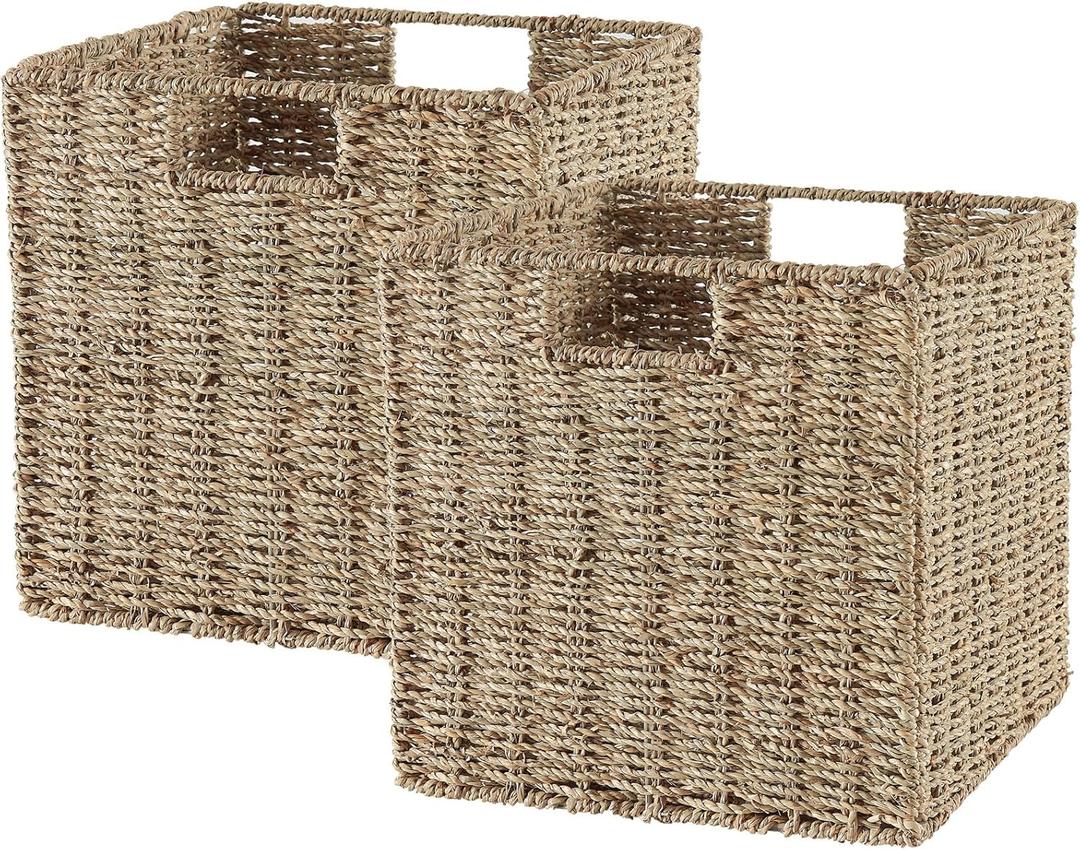 Vagusicc Wicker Storage Basket, Set of 2 Seagrass Storage Baskets, Foldable Wicker Basket 9 Inch Square Cube Storage Bins Storage Baskets for Organizing Shelf Baskets, 9''x9''x9''