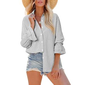 Striped Button Down Shirt Women Black and White Oversize Button Down Shirts Smocked Boyfriend Plus Size Blouse Ruffle Casual Tops with Pocket Black and White 3XL