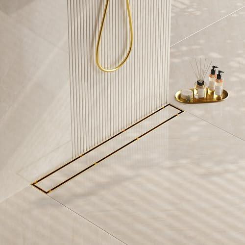 Neodrain 36-Inch Gold Linear Shower Drain, 2-in-1 Flat & Tile Insert Cover, Stainless Steel Linear Drain, Brushed Brass Rectangle Shower Floor Drain with Hair Strainer,CUPC Certified 