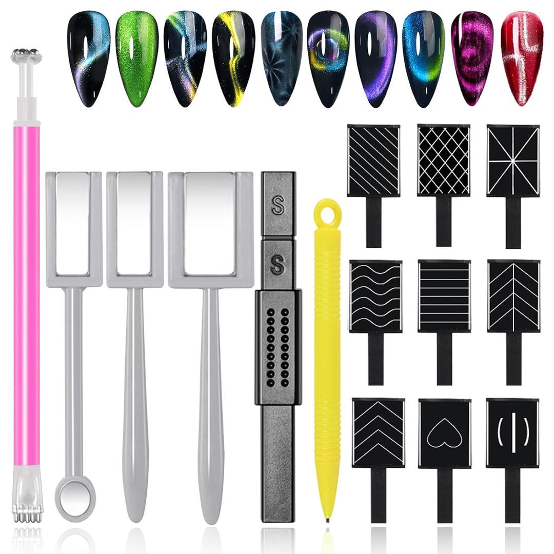 2 x Magnet Set for Cat Eye, Nail Magnets Gel Nail Polish Magnet for Cat Eye,Nail Magnetic Wand, Double Ended Nail Tool Accessories Magnet for Nail Polish Lovers DIY Manicure 15Pcs