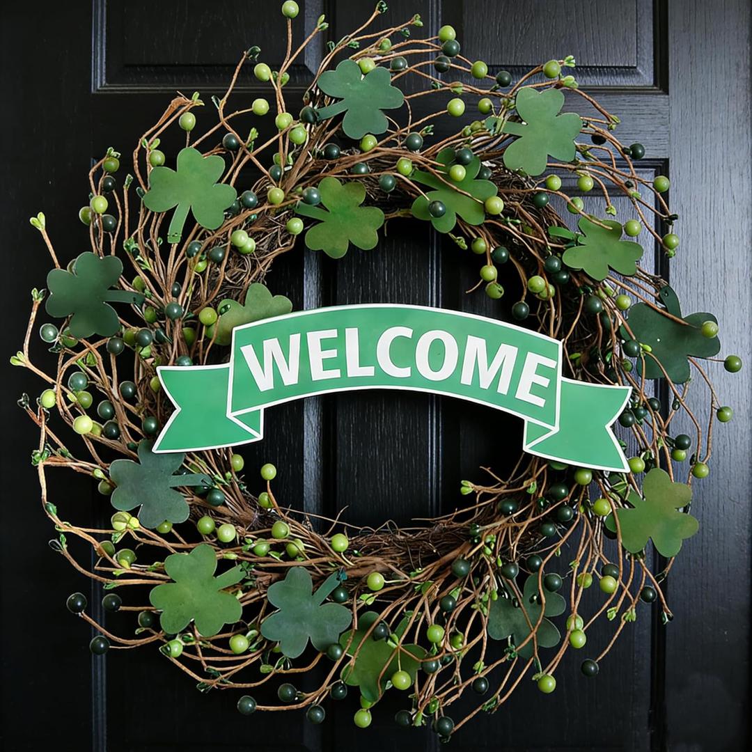 20 Inch St. Patrick's Day Wreath for Front Door, Lucky Shamrock Leaves Green Berries Wreath for Indoor Outdoor, St. Patrick Door Decoration Wreath