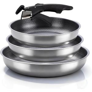 3-Piece Stainless Steel Frying Pan Set, 10/11/12.5Stackable Kitchen Cookware Set with Detachable Handle, Oven Safe Cooking Pan, Suitable for All Stove