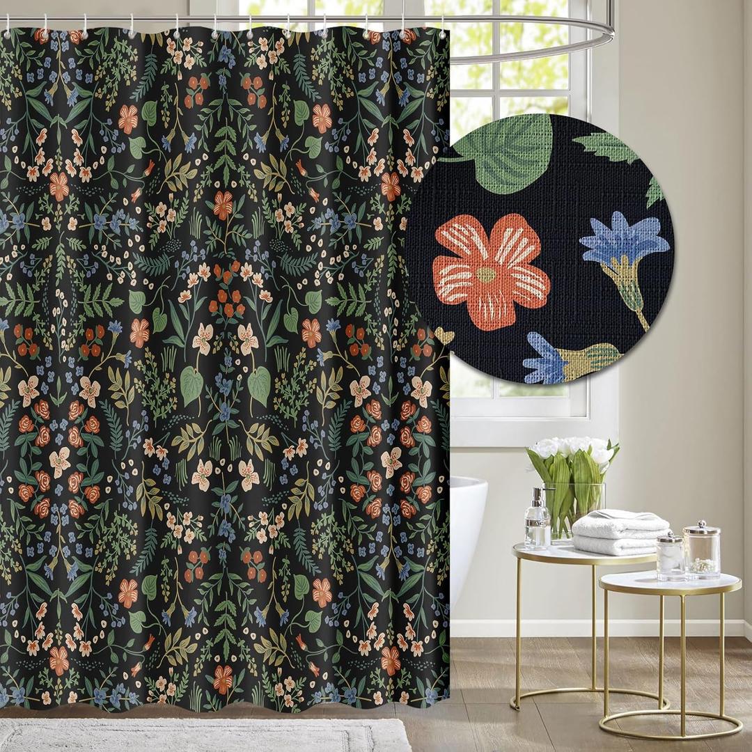 Tititex Boho Rustic Floral Black Faux Linen Shower Curtain, Vintage Watercolor Leaves with Flowers Bathroom Decoration Shower Curtain Sets 71x84 Inch with Hooks