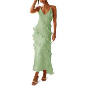 Wenrine Womens Sexy Chiffon Halter Maxi Dress Sleeveless Backless Ruffle Tassel Party Club Dresses (Medium, Light Green)