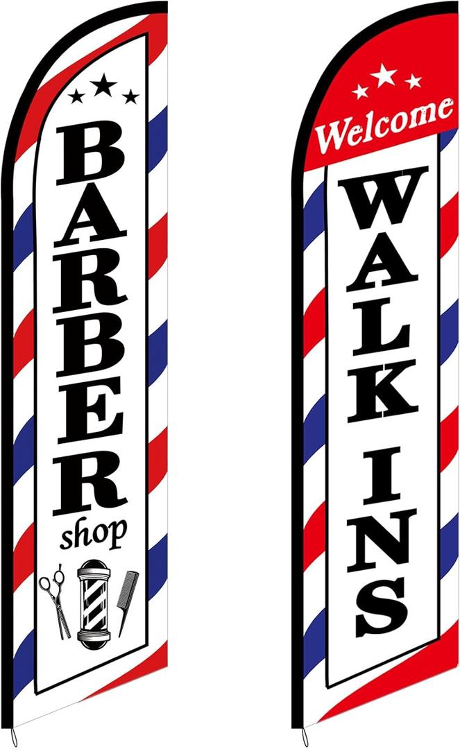 2 Pcs Barber Flag for Outside Barbershop Themed Swooper Flag Open Feather Barber Sign Welcome Banner for Salon Business Outdoor Advertising Outside(NOT INCLUDE POLE KIT)(12 x 2.5 ft)