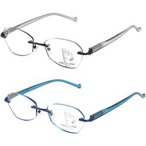 Multifocus Reading Glasses Women Progressive Multifocal Rimless No Line Bifocal Reader Blue Light Computer designer Eyeglasses Ladies Cute Transition Eyewear Blue/Grey Lens Edge 2.75