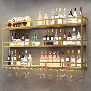 Large 39in Wine Rack with LED Lights Wall Mounted Bottle Glass Holder, 3-Tiers Liquor Floating Shelves Display Storage Organizer Hanging Long Stemware Goblet Metal for Home Bar Golden, 39"x 9.8"x 35"