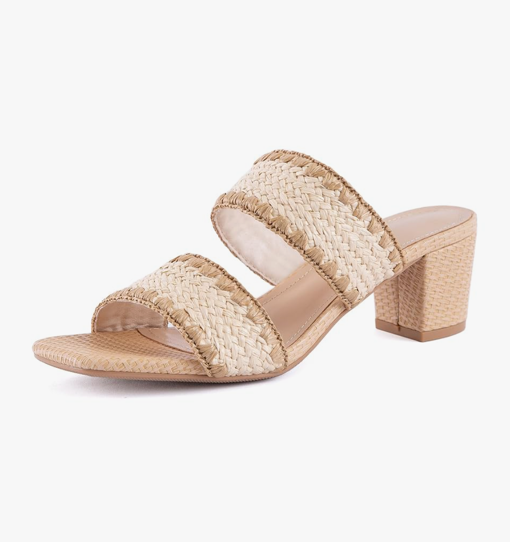 Women Heels Sandals Braided Block Nude Summer Chunky Square Leather Woven Comfort Strappy Dress Casual Pumps Mules, 9