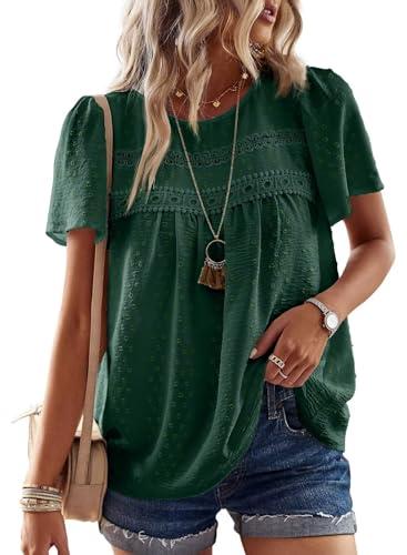 Falechay Blouses for Women Fashion 2025 Hook Flower Lace Crew Neck Boho Tunic Tops Short Sleeve Fall Shirts Dark Green XXL