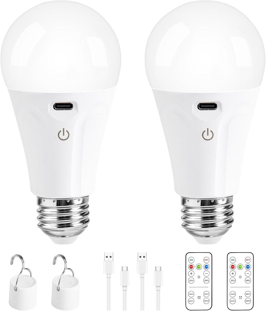 Powfloven Rechargeable Light Bulbs with Remote Control and USB Charging; Dimmable Battery Operated Light Bulb with 3 Colors and 4 Timer; A19 Wireless Light Bulbs for Wall Sconce Not-Hardwired, 2 Pack