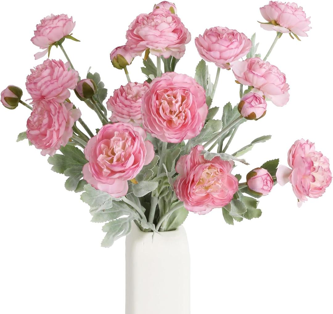 IPOPU Pink Peonies Artificial Flowers 6pcs Pink Artificial Ranunculus Flowers18Heads Pink Silk Peonies with Stems Real Look for Spring Decorations Floral Arrangements Home Table Centerpiece (Pink)