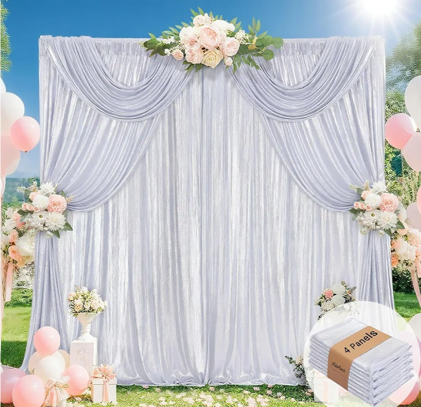 Silver Curtains Backdrop for Wedding Parties, Glitter Blrthday Drapes 4 Panels of 4.8x8FT Wrinkle Free Glitter Photo Backdrop Drapes