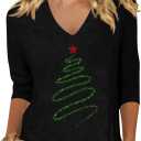 Womens Fall Shirts Halloween V Neck 3/4 Length Sleeve Pumpkin T-Shirts Thanksgiving Graphic Tee Tops (Large, 251116 Black)
